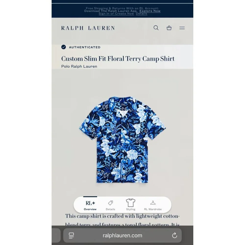 Polo Ralph Lauren Men's Camp Shirt Slim Fit Floral Blue Button Pocket Medium